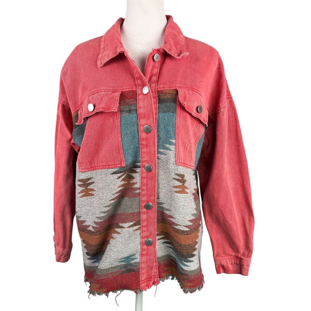 Women's S Denim Lapel Long Sleeve Aztec Shacket Jean Jacket Pink Fringe